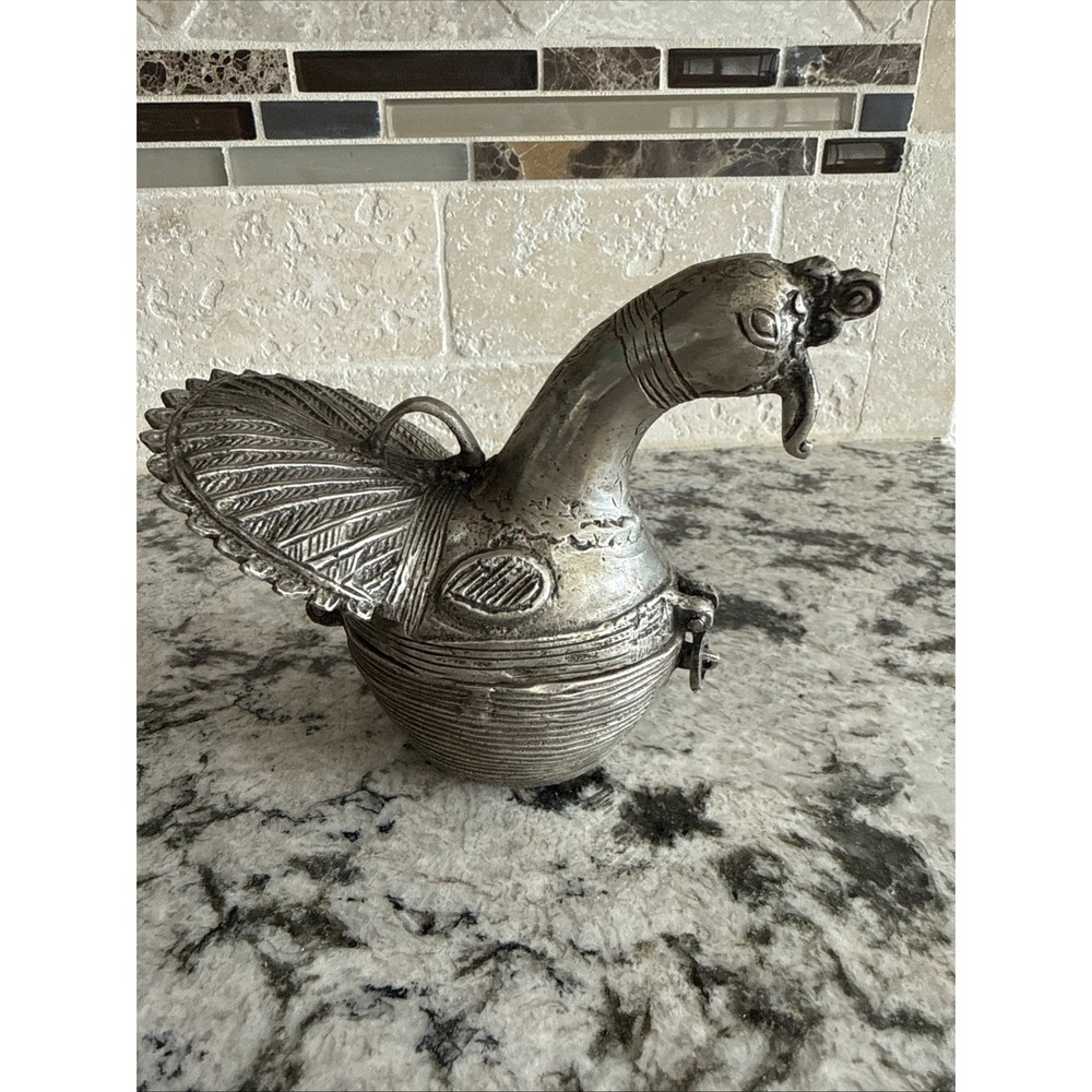 Vintage Brass Dhokra Peacock Bird Trinket or Betel Box Hinged Lid